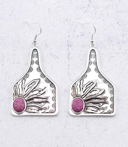 Sunflower Cattle Tag Dangle Earrings with Stone-Pink
