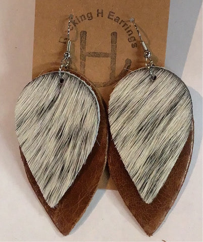 Leather Brown & Black Hair On Teardrop Earring