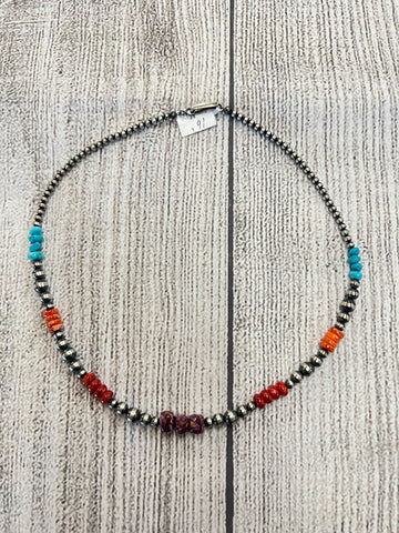 Navajo Pearls Necklace with Multi Colored Stone Clusters