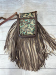 Dark Brown with Light Brown & Turquoise Embossed Pattern with Gold & Dark Brown Fringe Crossbody Purse