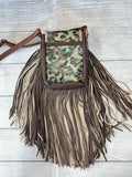 Dark Brown with Light Brown & Turquoise Embossed Pattern with Gold & Dark Brown Fringe Crossbody Purse