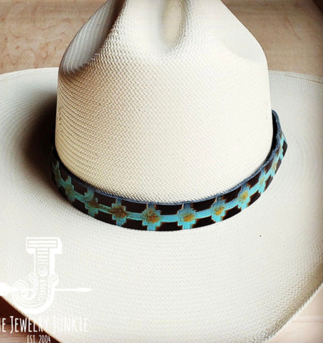 Blue Navajo Embossed Leather Hat Band