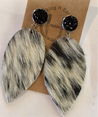 Black Hair On Teardrop Leather Earrings