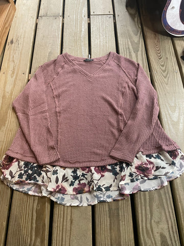Mauve Long Sleeve with Floral Skirting Top