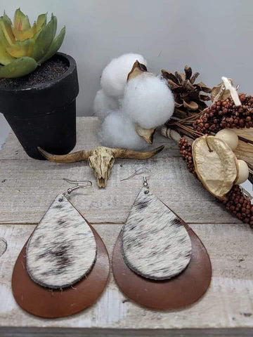 Cowhide Brown Leather 2 Layer Dangle Earrings