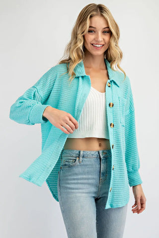 Waffle Placket Button Down Knit Top - Bright Blue