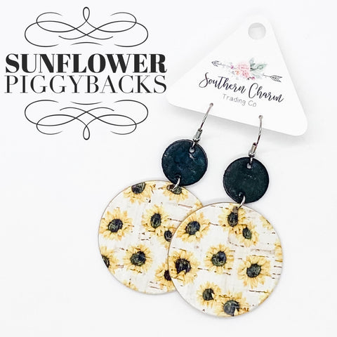 Black & Sunflower Print Stacked Dangle Earrings
