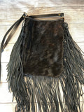 Black Hair-On Hide with Gold Embossing & Black Fringe Crossbody Purse