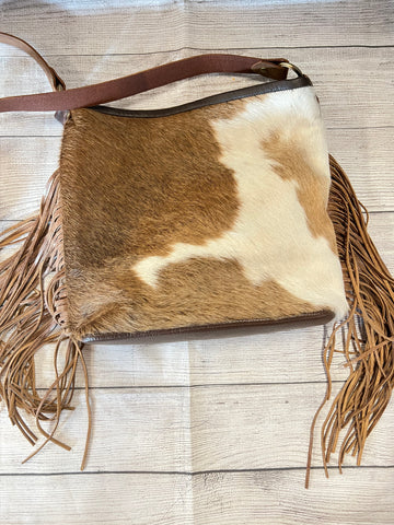 Hair-On Hide with Light Brown Embossing & Light Brown Fringe Crossbody Purse