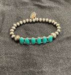 Faux Navajo Pearl With 7 Stone Turquoise Stretch Bracelet