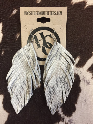 White & Grey Snake Print Fringy Feather Leather Dangle Earrings