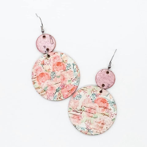 Pink Stacked Circular Floral Dangle Leather Earrings
