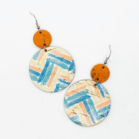 Orange & Multicolor Chevron Stacked Circular Leather Dangle Earrings