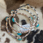 Set/3 burnished silver bangles w TQ oval bracelet