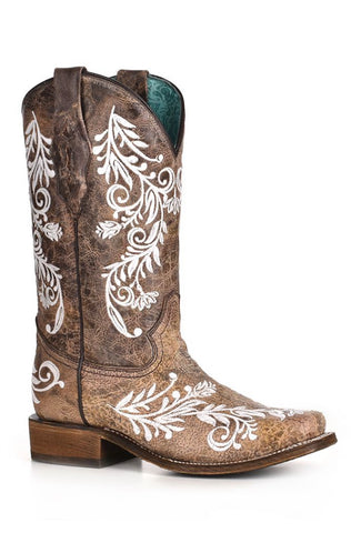Corral Women’s Brown & White Embroidery Boot-Glow in the Dark Stitching