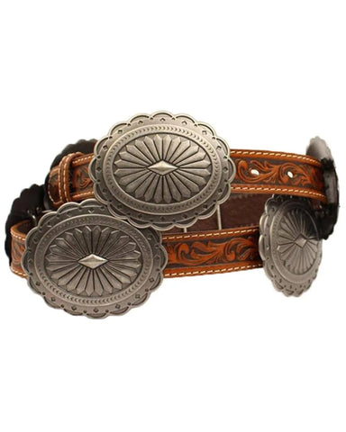 Ariat Women's Brown Tooled & Silver Oval Floral Conchos Belt