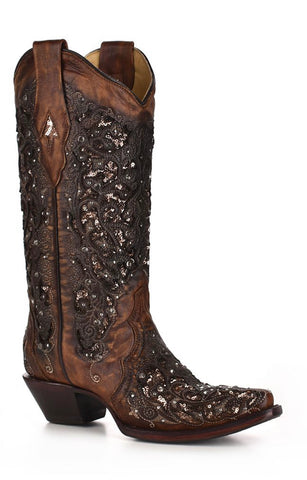 Corral Women’s Cognac Inlay & Flowered Embroidery with Studs & Crystals Boot