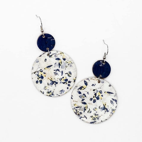 Navy & Yellow Floral Print Circular Stacked Dangle Leather Earrings