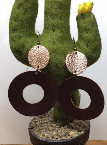 Brown & Copper Dangle Circle Leather Earrings