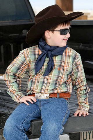 Cinch Boy's Green & Orange Plaid Shirt