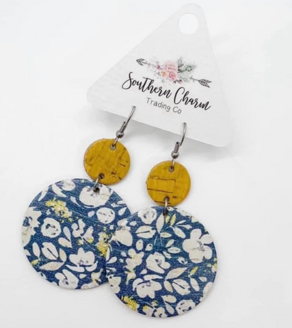 Yellow & Navy Floral Circular Stacked Dangle Leather Earrings