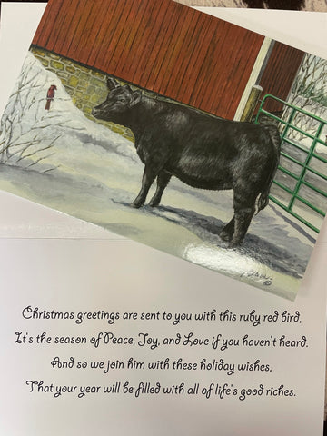 CJ Brown Christmas Greetings-Black Heifer/Red Bird Christmas Card