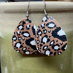 Small Brown Leopard Print Teardrop Dangle Leather Earrings