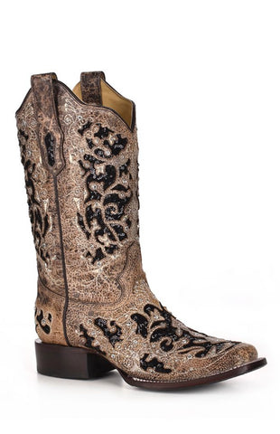 Corral Women’s Brown Inlay Flowered Embroidery with Studs & Crystals Boot