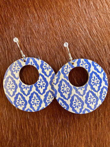Blue & White Printed Leather Round Earrings