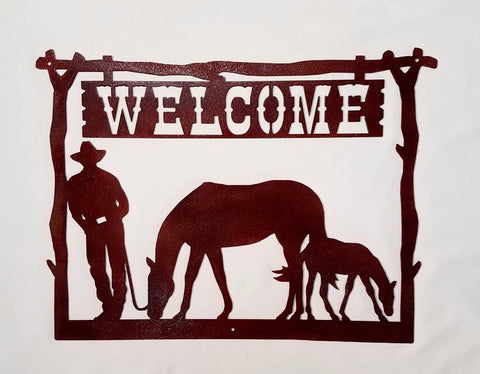 Framed Cowboy With Horses Metal Welcome Sign