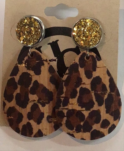 Gold Sparkle Post with Leopard Print Teardrop Dangle Leather Earring