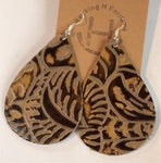 Brown Leather Embossed Teardrop Earrings