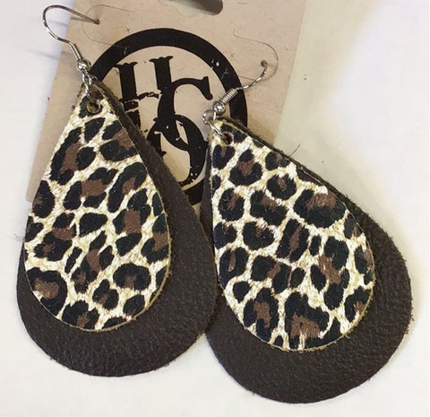 Leopard Dark Brown 2 Layer Dangle Leather Earrings