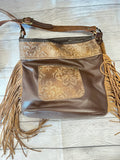 Hair-On Hide with Light Brown Embossing & Light Brown Fringe Crossbody Purse