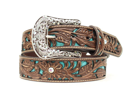 Ariat Ladies Brown and Turquoise Inlay Belt with Jewels