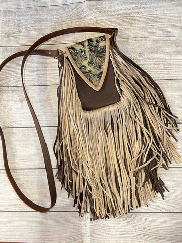 Dark Brown with Light Brown & Turquoise Embossed Pattern with Gold & Dark Brown Fringe Crossbody Purse