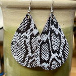 Black & Gray Snake Print Teardrop Dangle Leather Earrings