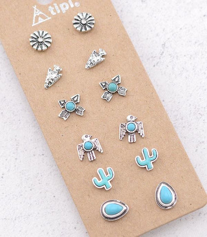 Turquoise Cactus Stud Earring Set