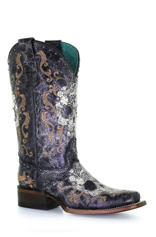 Corral Women’s Black & White Floral Skull Embroidery & Studs Boot