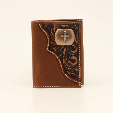 Floral Tooled Cross Concho Brown Trifold Wallet