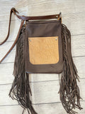 Hair-On Hide with Tan Caimen Print Pocket & Dark Brown Fringe Purse