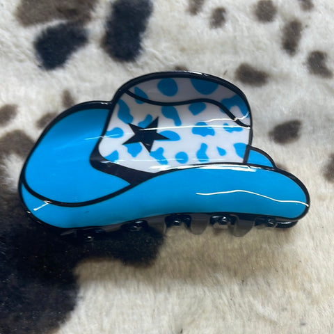 Blue & White Cheetah Print Cowboy Hat Claw Clip