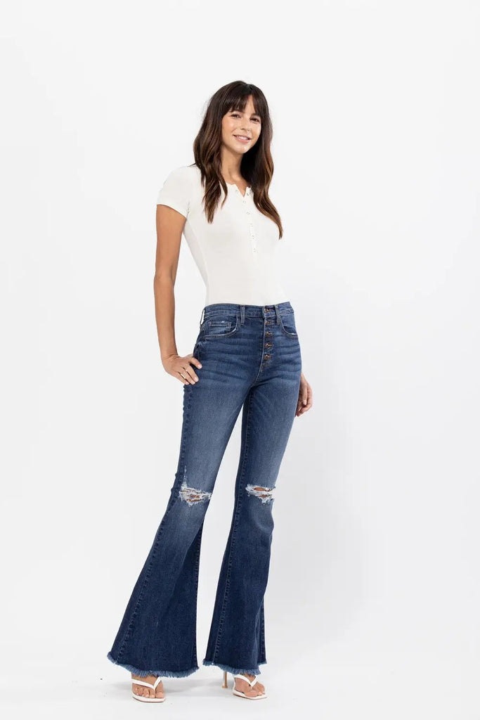 Plus Size High Rise Light Distressed Button Fly Flare Jeans