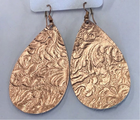 Copper Print Large Teardrop Dangle Leather Earrings