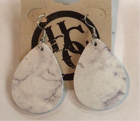 Small White & Gray Marble Print Teardrop Dangle Leather Earrings