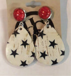 Red Post with White & Black Star Print Teardrop Dangle Leather Earring