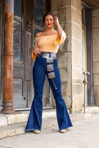 Mid Wash High Waisted Bell Bottom Jean