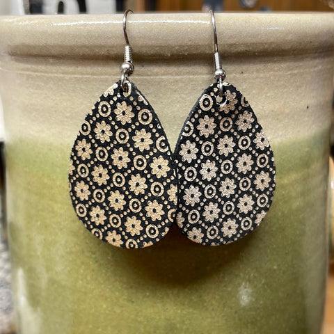 Small Black & Gold Floral Teardrop Dangle Leather Earring