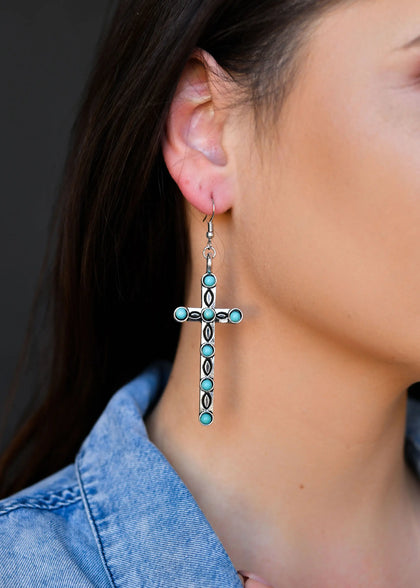 Silver Stamped Cross with Turquoise Accents Earrings