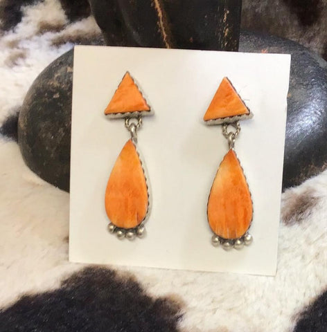 Coral & Sterling Triangle Earrings